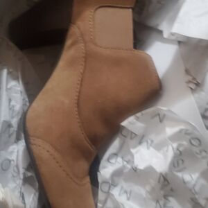 Madison Billy Tan Suede Buckle Ankle Booties Heel Boots